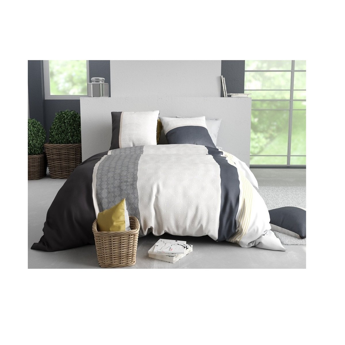 Housse couette + taie Bande stratus blanc, EDEN