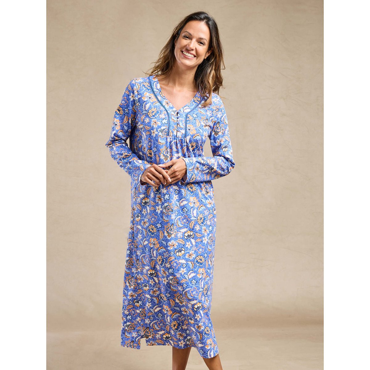 Chemise de nuit longue en jersey imprimé bleu, DAXON
