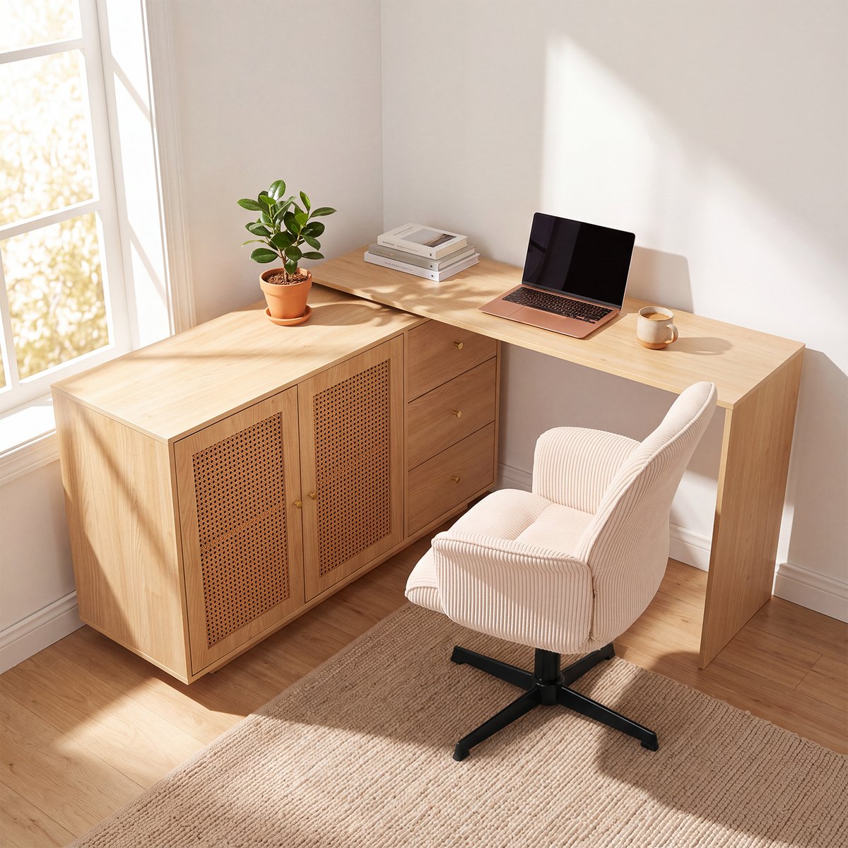 Ensemble de bureau d’angle rotatif avec portes rotin et chaise de bureau, DICCPERNTHOMASINACORD beige, MEUBLES COSY