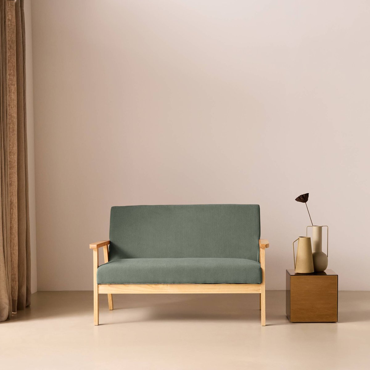Canapé banquette 2 places bois d'hévéa velours côtelé ISAK taupe, SWEEEK