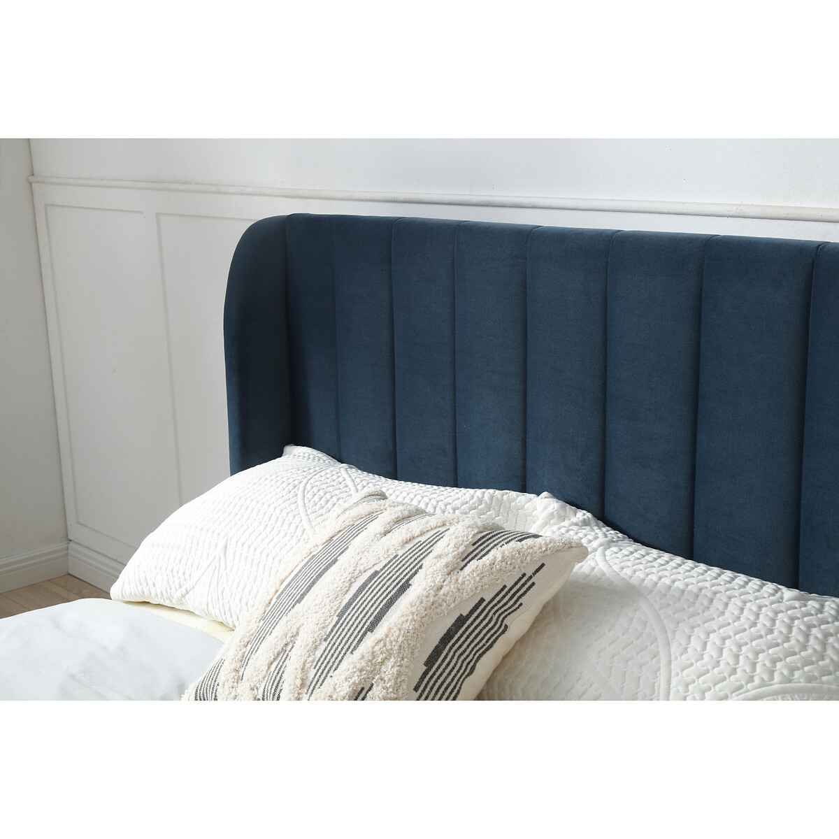 Lily Fluted Velvet Bed with Winged Headboard navy, SO'HOME