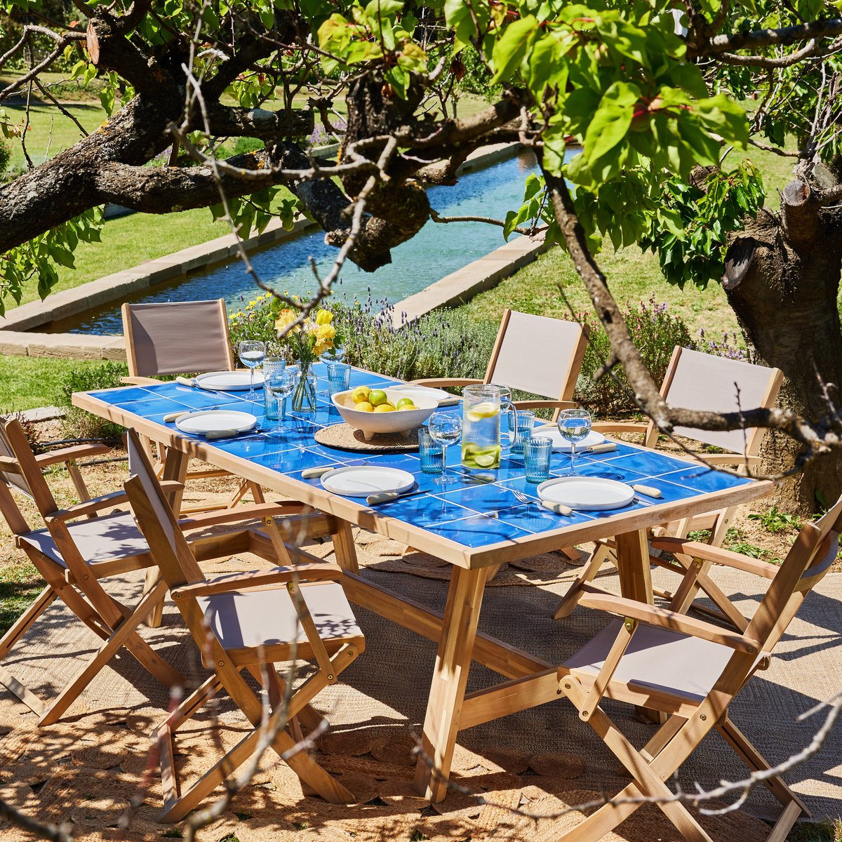 Salon de jardin, 8 chaises, BISBAL&JAVA LIGHT bleu, textilène beige, DEFORA HOME