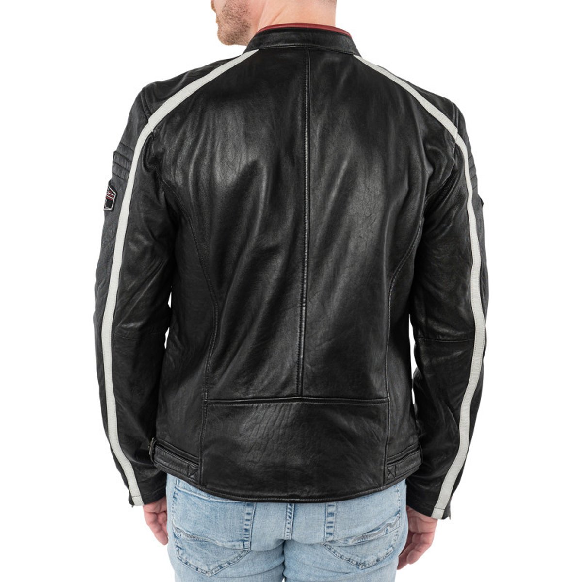 Blouson en cuir de mouton noir uni avec une coupe droite et un col rond noir, GIPSY