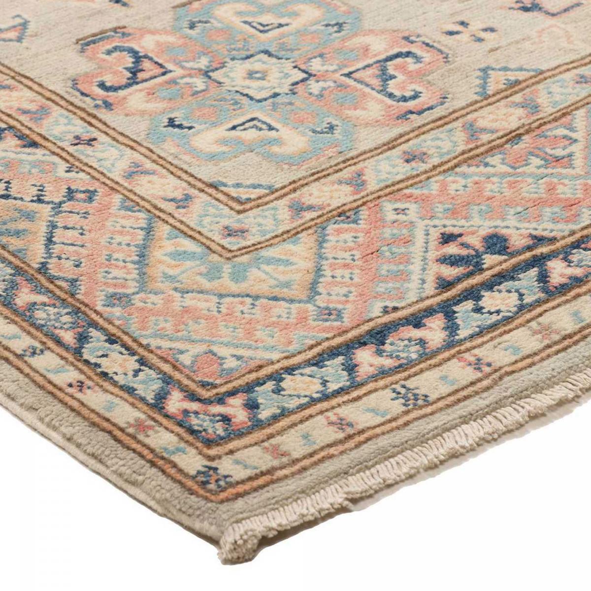 Tapis salon géométrique, noué main en laine, KAZAK CO 56 crème, bleu, rose, UN AMOUR DE TAPIS