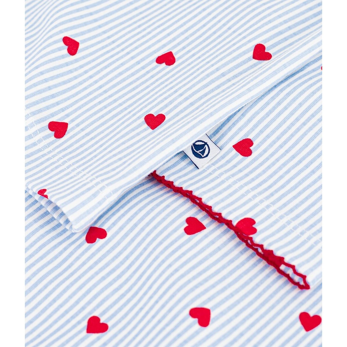 Pijama de 2 piezas, algodón, estampado de rayas y corazones rayas blanco azul, PETIT BATEAU