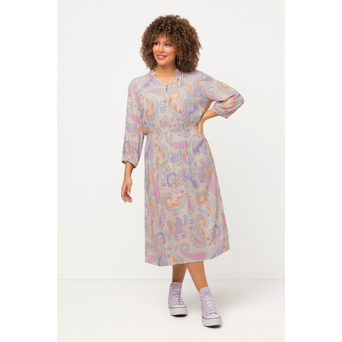 Robe trapèze à manches 3/4 et motif cachemire ivoire, ULLA POPKEN