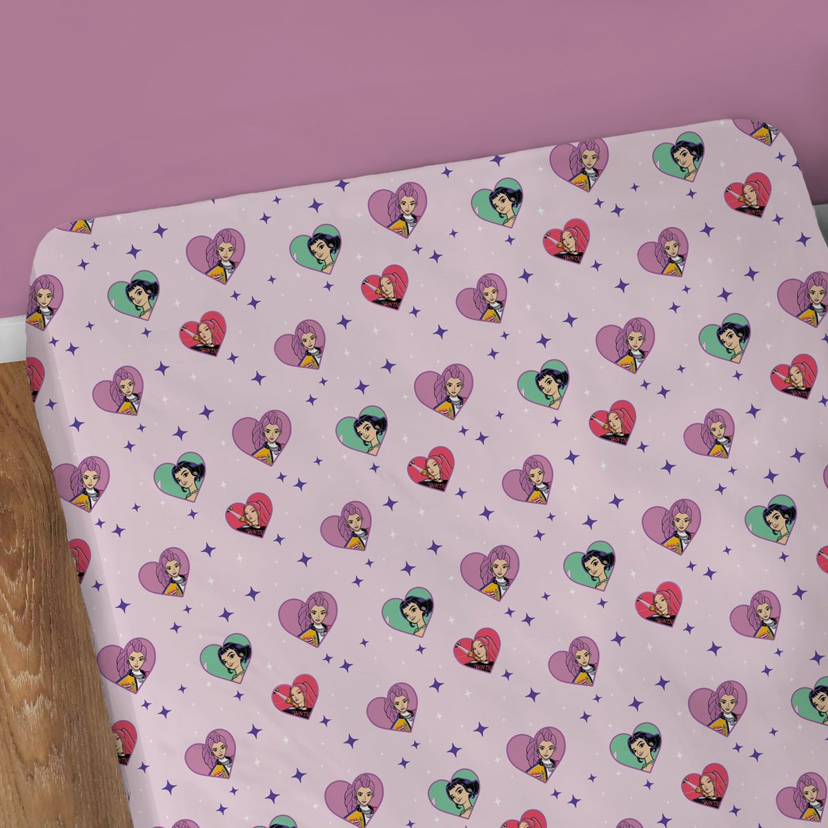 Drap housse imprimé 100% coton, HEART rose, KPOP DEMON HUNTERS