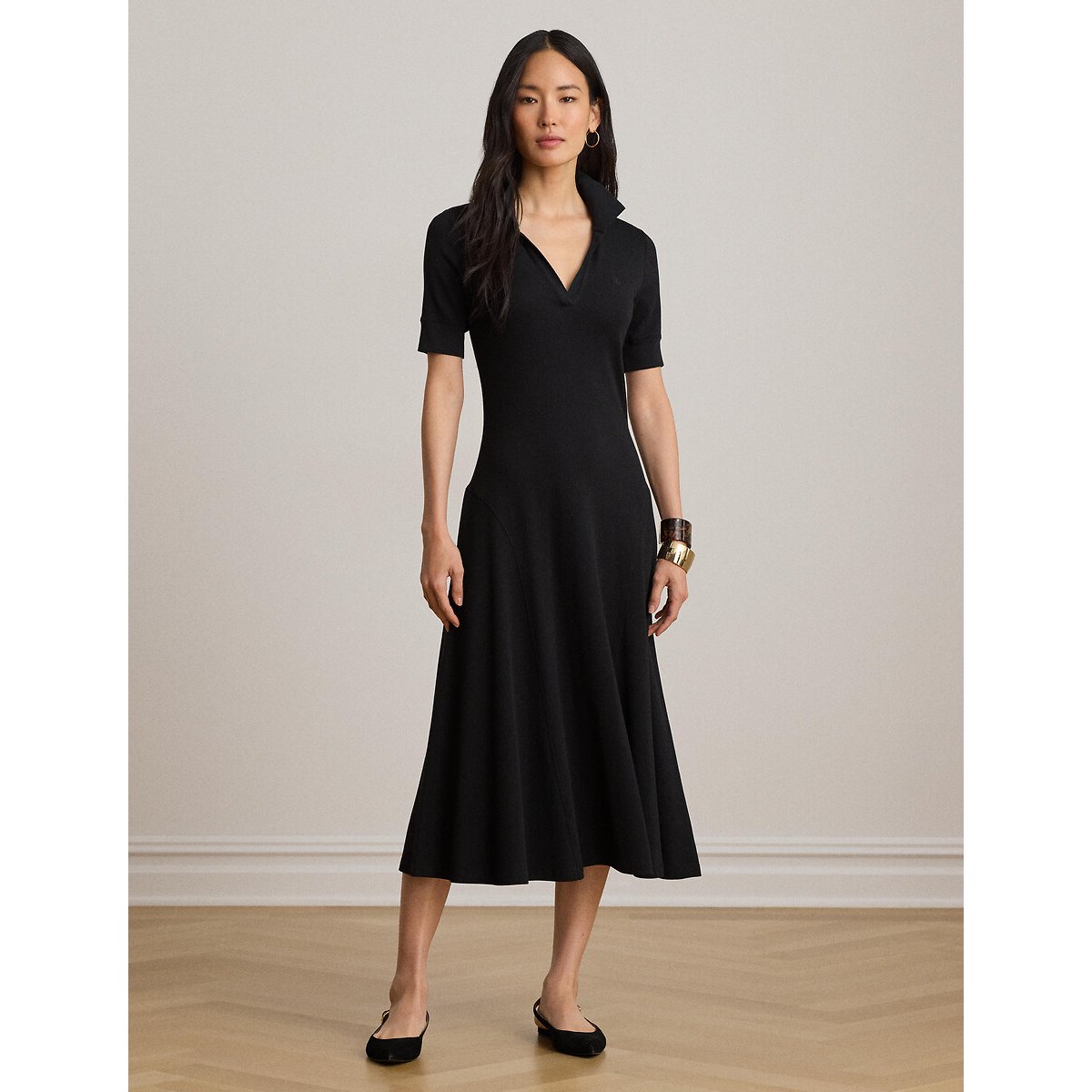 Robe midi manches courtes à col polo noir, LAUREN RALPH LAUREN