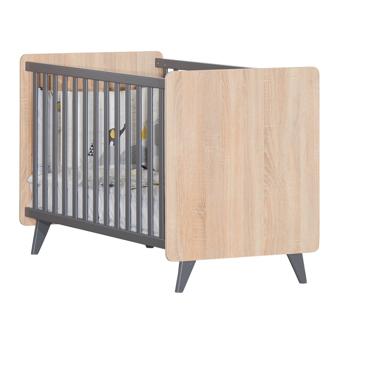Chambre bébé duo: Lit bébé 60x120 et commode à langer 2 tiroirs décor bois chêne marron/gris, SAUTHON