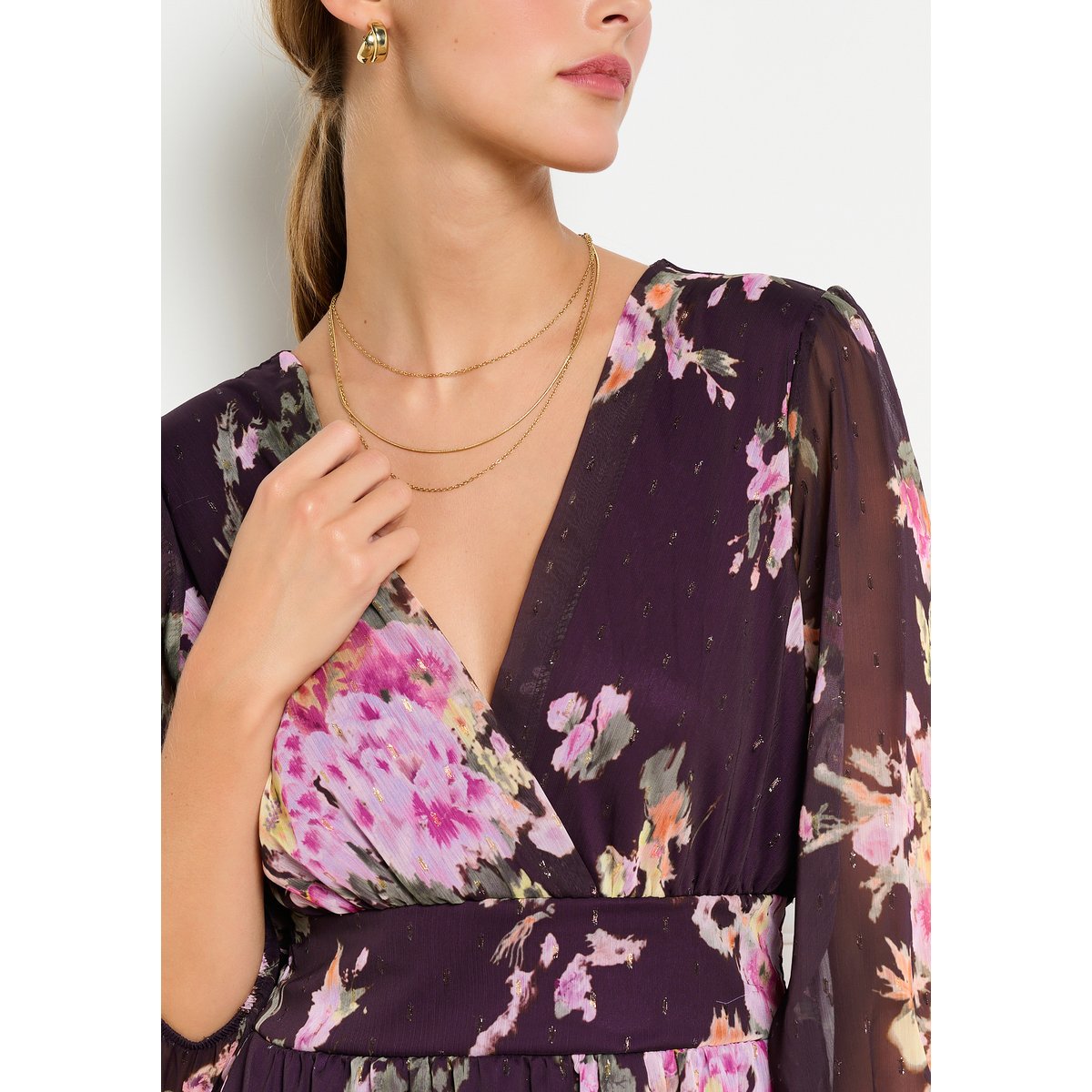 Robe maxi cache-coeur fleurie aubergine, LOLALIZA