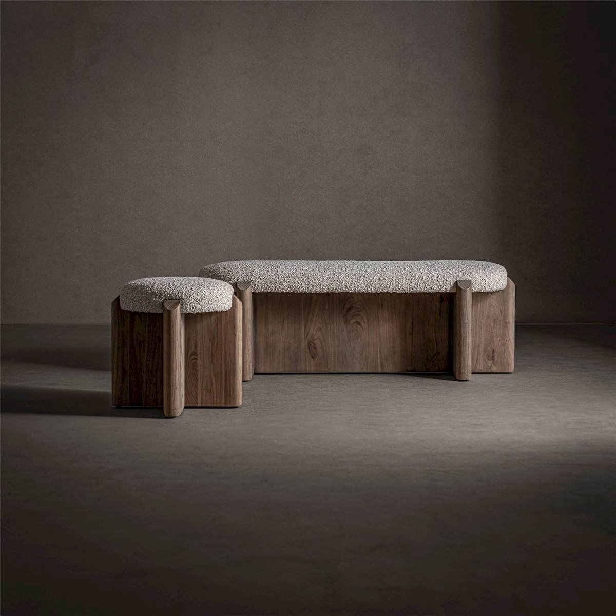 Tabouret jacquard contemporain en bois brun clair vieilli bois d'orme, RECOLLECTION