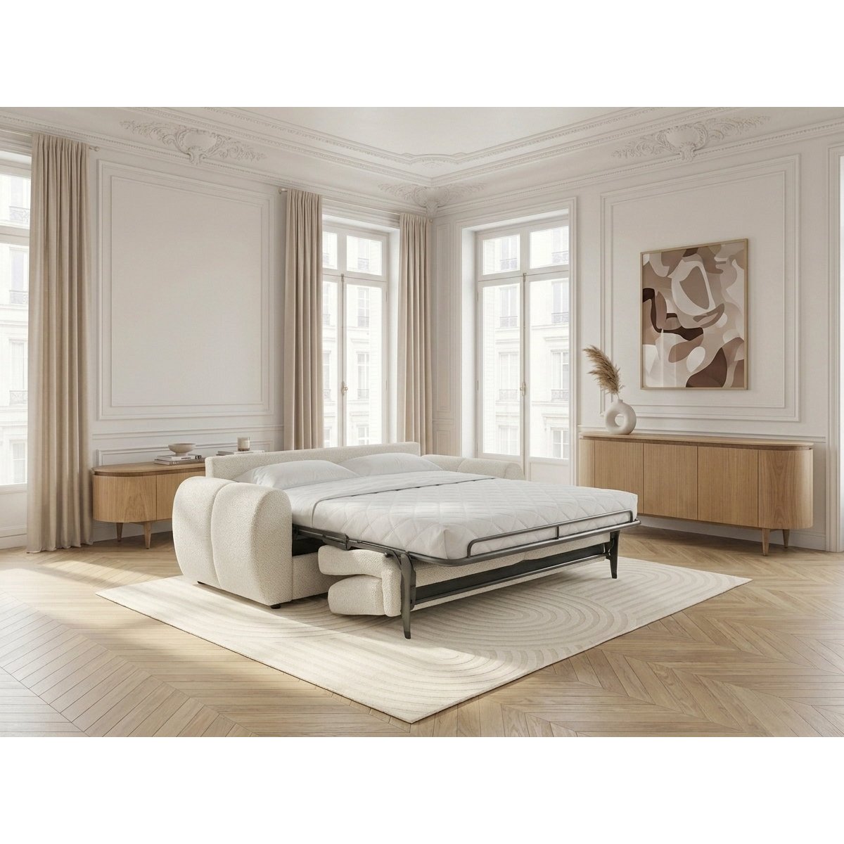 Canapé droit convertible 3 places en tissu lisse, FUJI blanc, BOBOCHIC