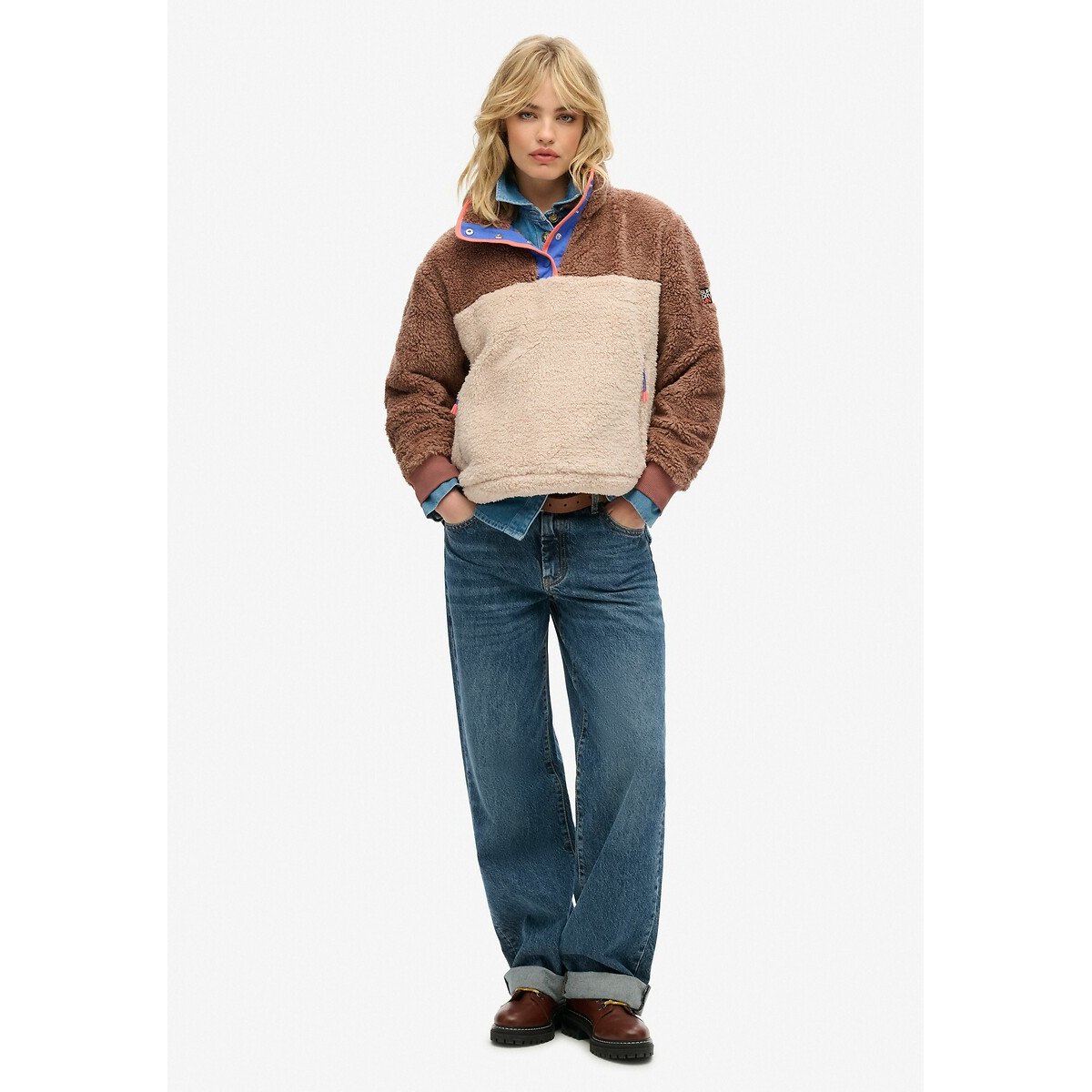 Grandad Collar Sweatshirt with Press Stud Fastening beige/brown, SUPERDRY