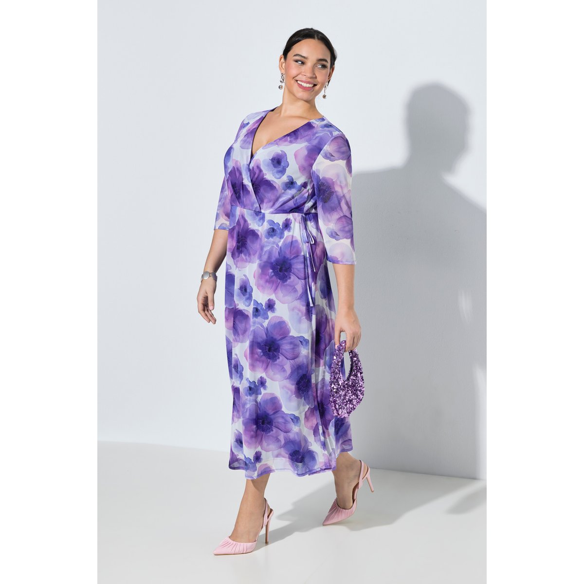 Robe maxi doublée, motif floral violet, ULLA POPKEN