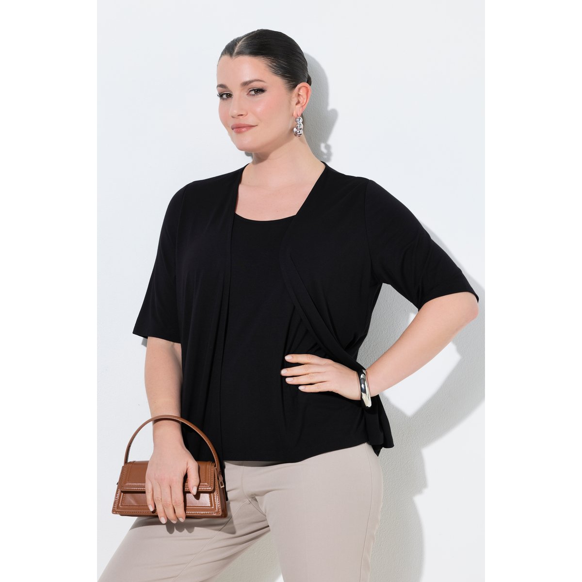 T-shirt 2-en-1, col rond et manches courtes noir, ULLA POPKEN