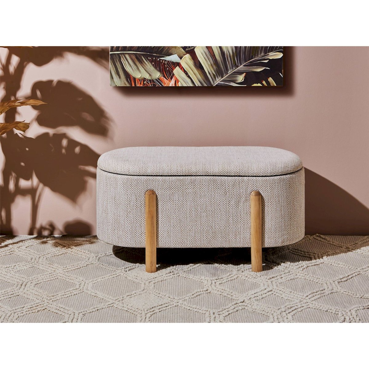 Banc coffre en bois, tissu bouclette beige naturel et bois clair, RECOLLECTION