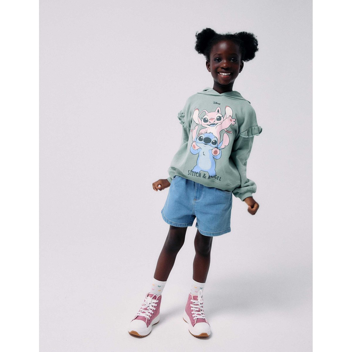 Sweat en coton peigné à capuche et imprimé Stitch & Angel vert, ZIPPY