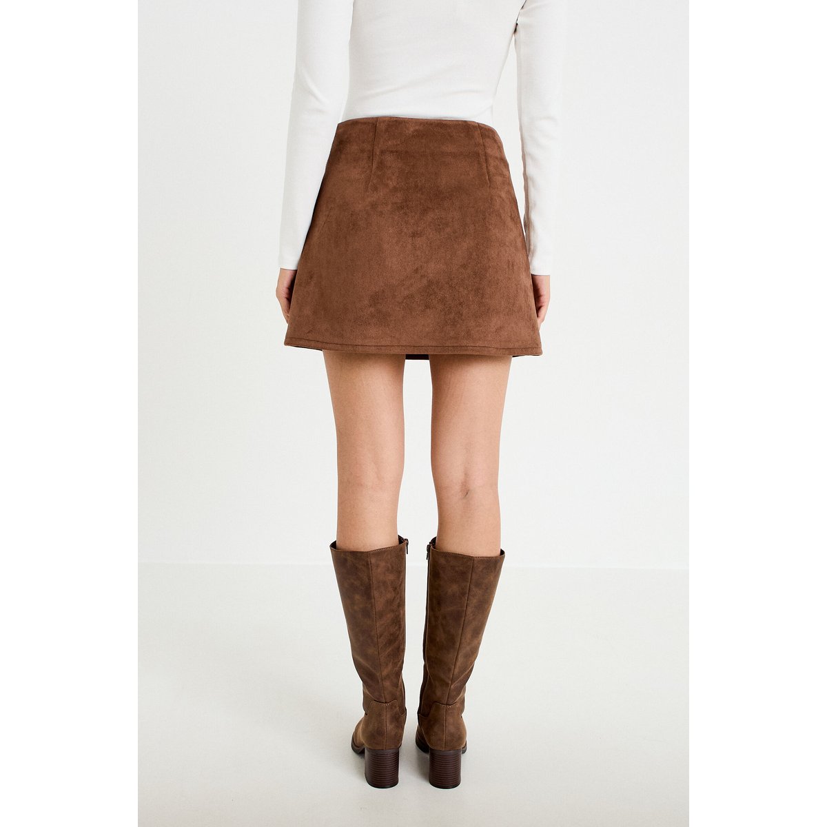 Jupe-short trapèze taille haute daim marron, CACHE CACHE