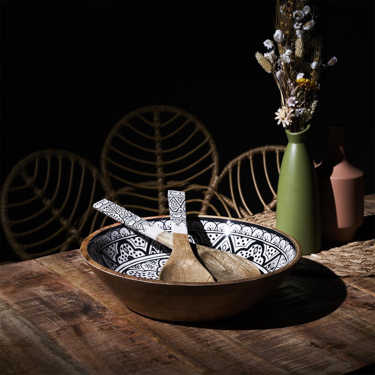 Set Saladier + Couverts en manguier Mira Orange noir, EDEN