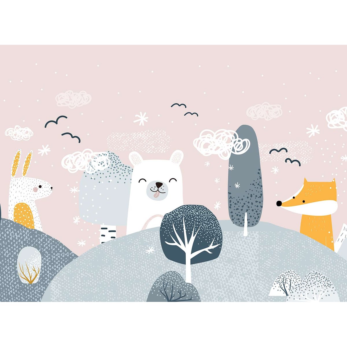 Papier peint enfant forêt douce animaux scandinave pastel multicolore, HEXOA