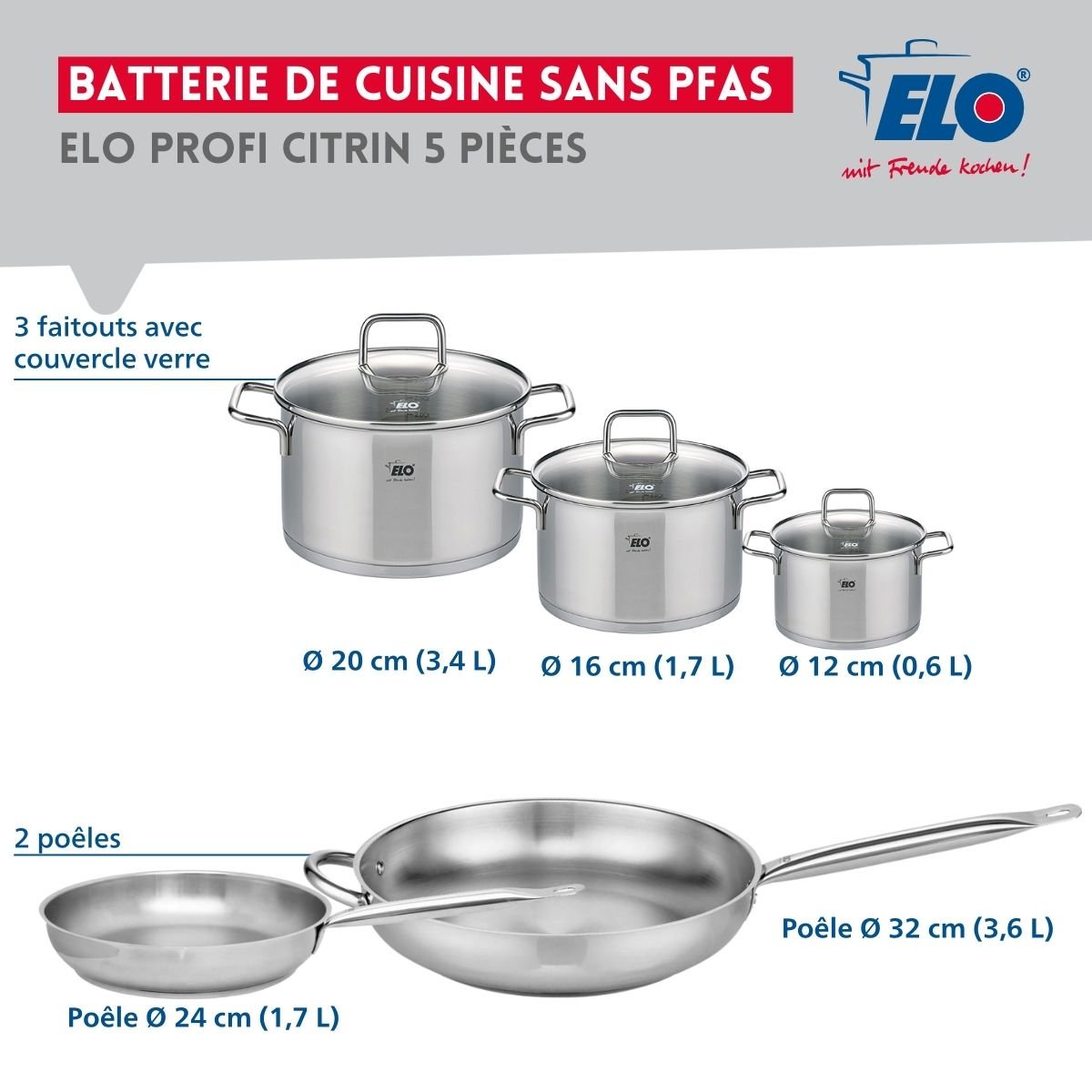 Batterie 2 poêles 24/32cm + 3 faitouts 12/16/20cm PROFI CITRIN gris, ELO