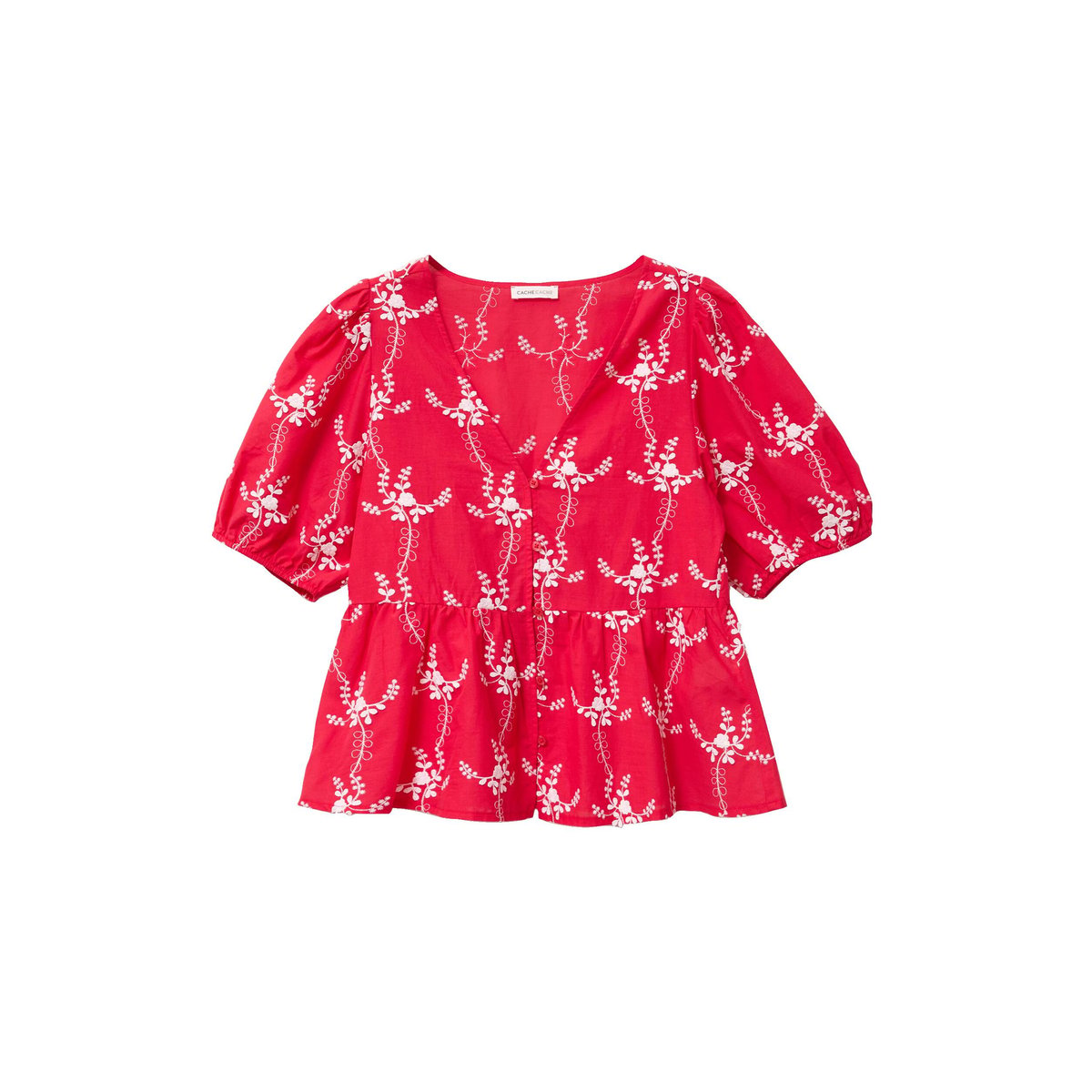 Blouse col v manches courtes brodée rouge, CACHE CACHE