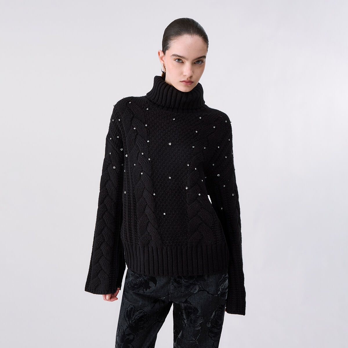 Pull col roulé torsadé avec strass noir, LIU JO