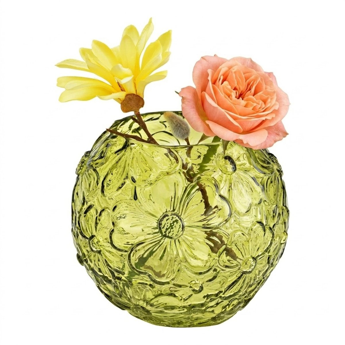 Vase rond en verre transparent Fleurs vert, EDEN