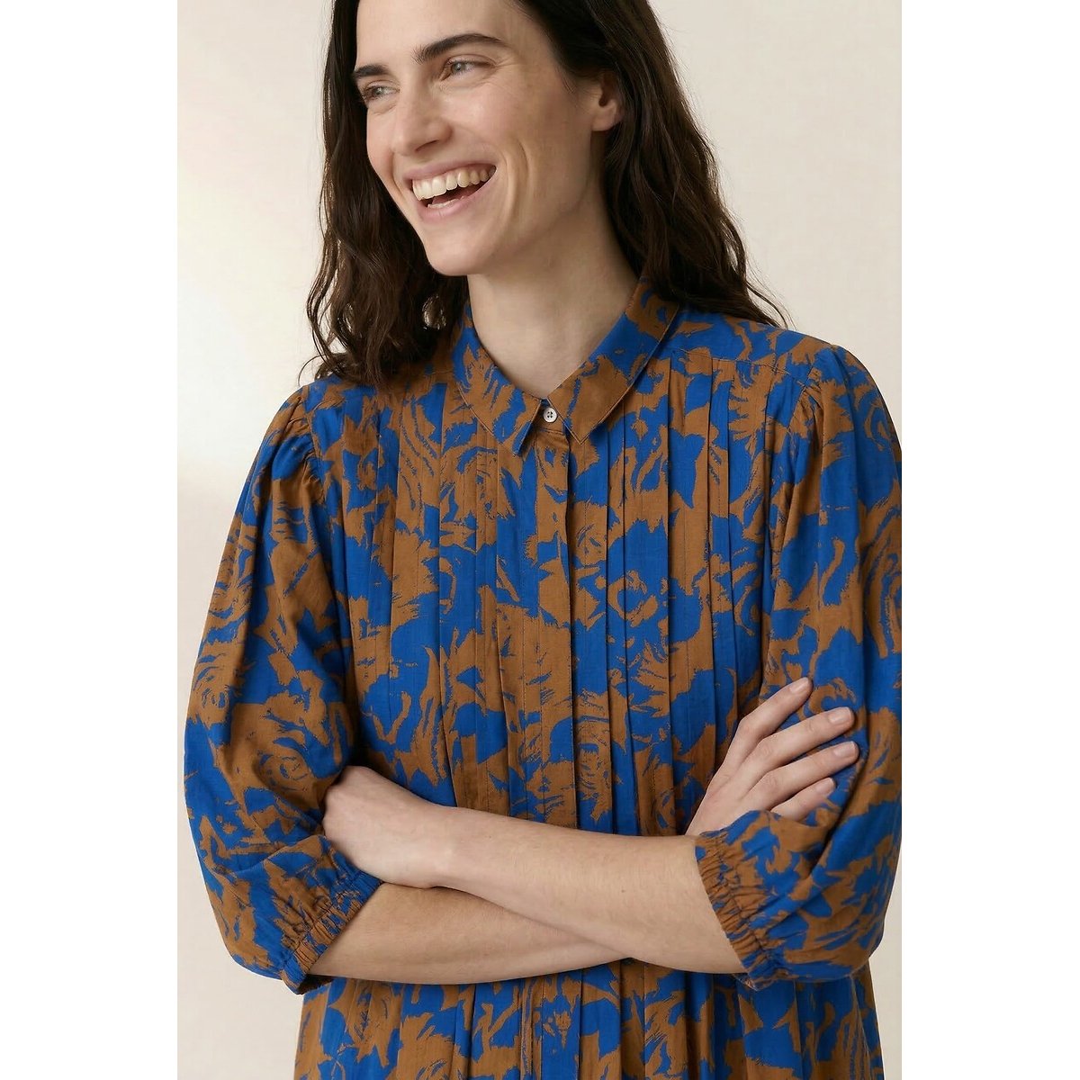 Robe chemise ample imprimé floral, ROCA imprimé bleu/caramel, LEON & HARPER