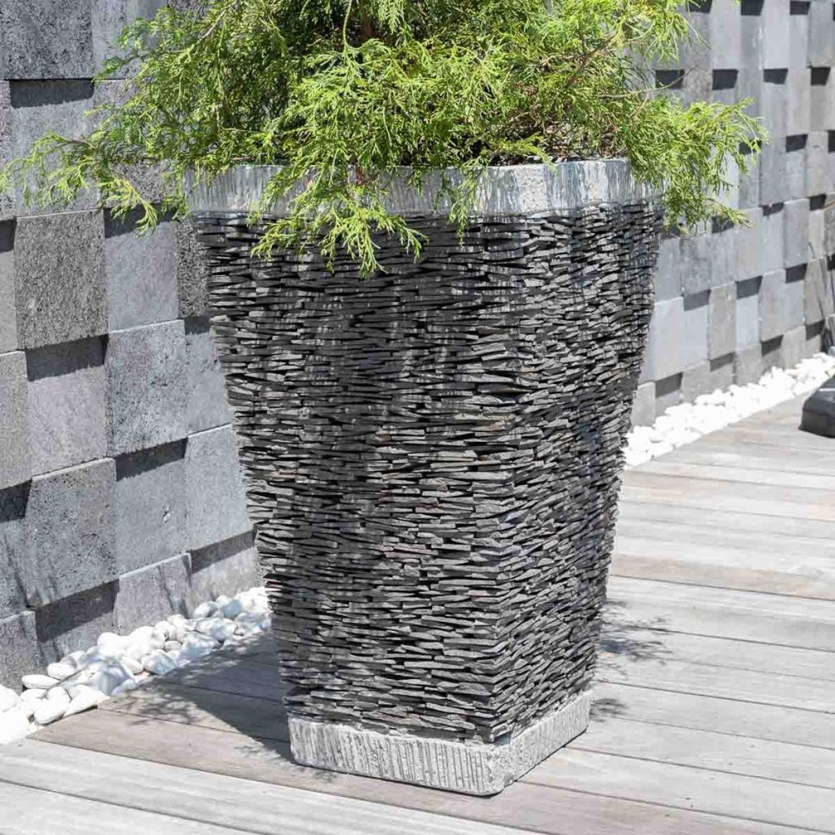 Pot bac jardinière pierre naturelle ardoise carré jardin terrasse 80cm gris, WANDA COLLECTION