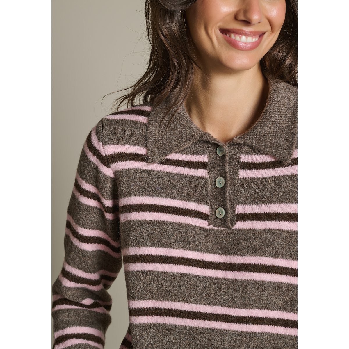 Pull polo à rayures taupe, LOLALIZA