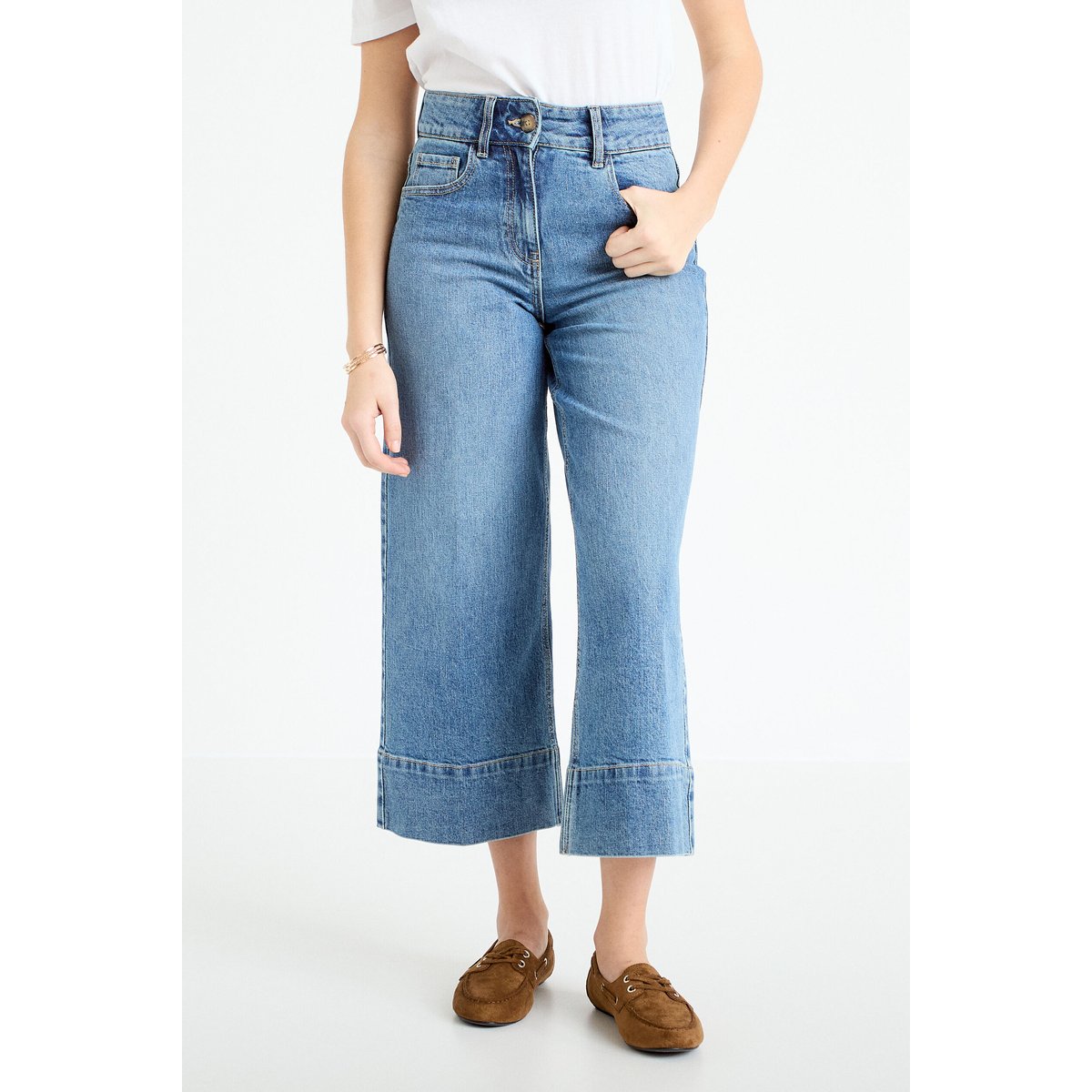 Jean wide leg cropped taille haute denim stone, CACHE CACHE