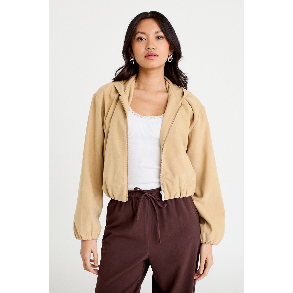 Veste cropped à capuche manches longues beige, CACHE CACHE