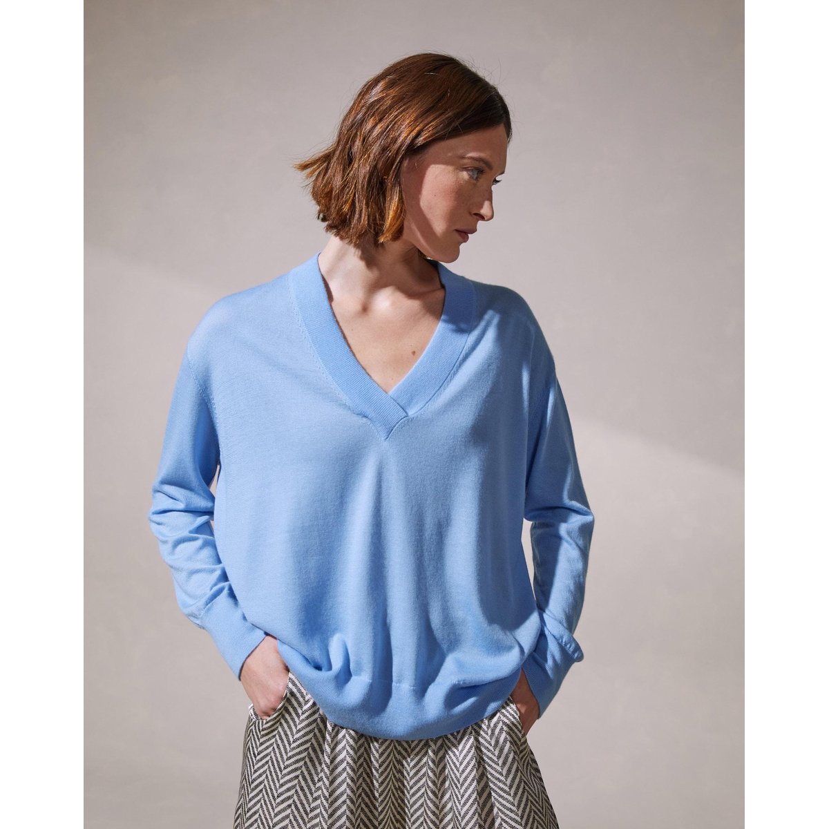 Pull col V oversize en cachemire bleu pale, RODIER