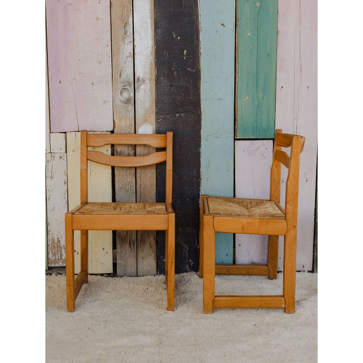 Lot de 4 chaises en bois et paille Claude N°1388 - Bon état bois clair, DEBONGOUT