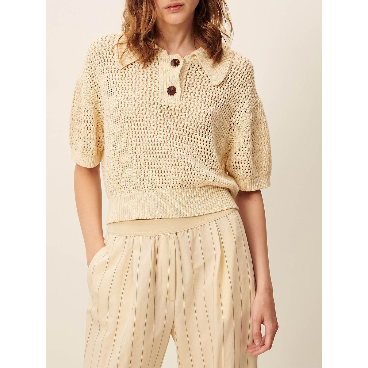 Trui met polokraag en korte mouwen, van ajourtricot, HORIZONTE ecru, SESSUN