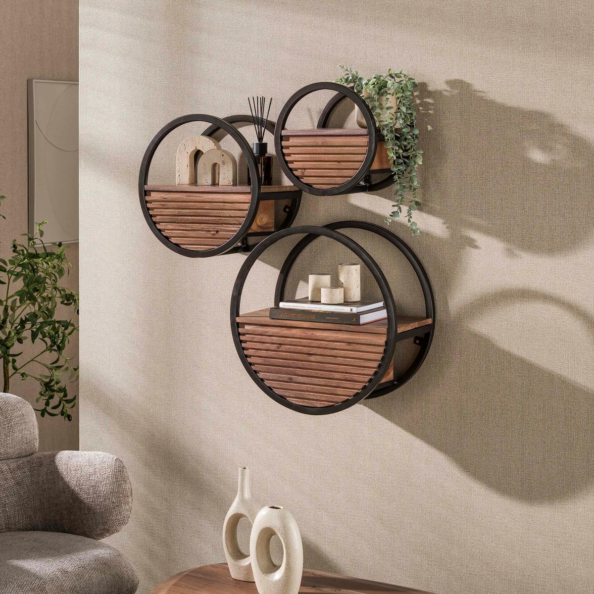 Etagère murale ronde bois d'acacia foncé 1 tiroir Ø50 cm NAKO marron, PIER IMPORT