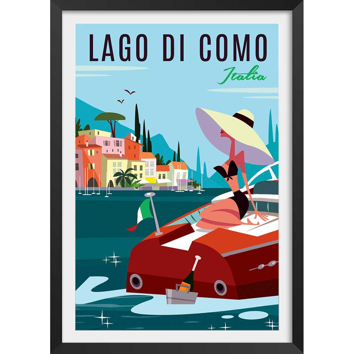 Poster retro lac de côme affiche + cadre en bois - noir, HEXOA