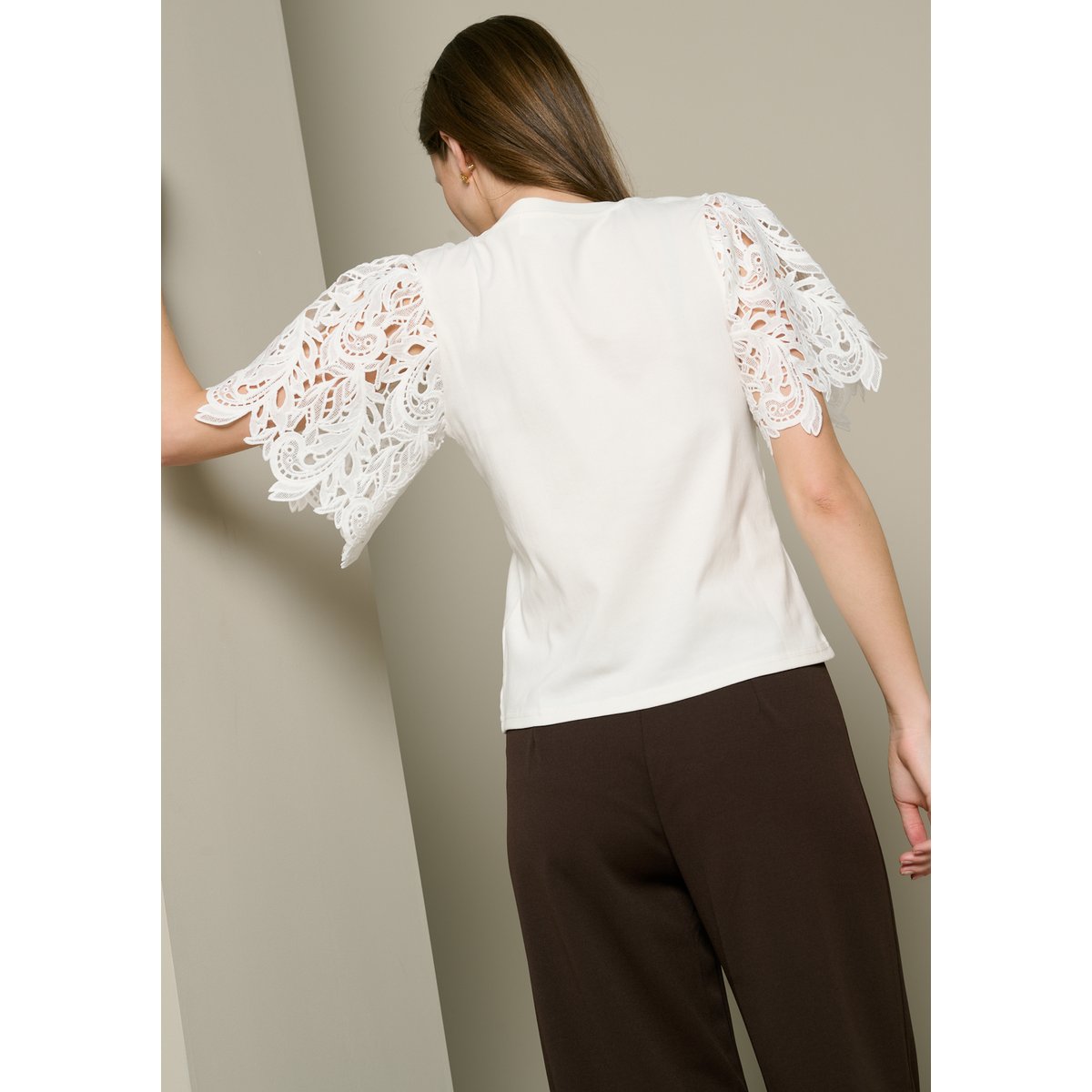 T-shirt manches macramé blanc, LOLALIZA