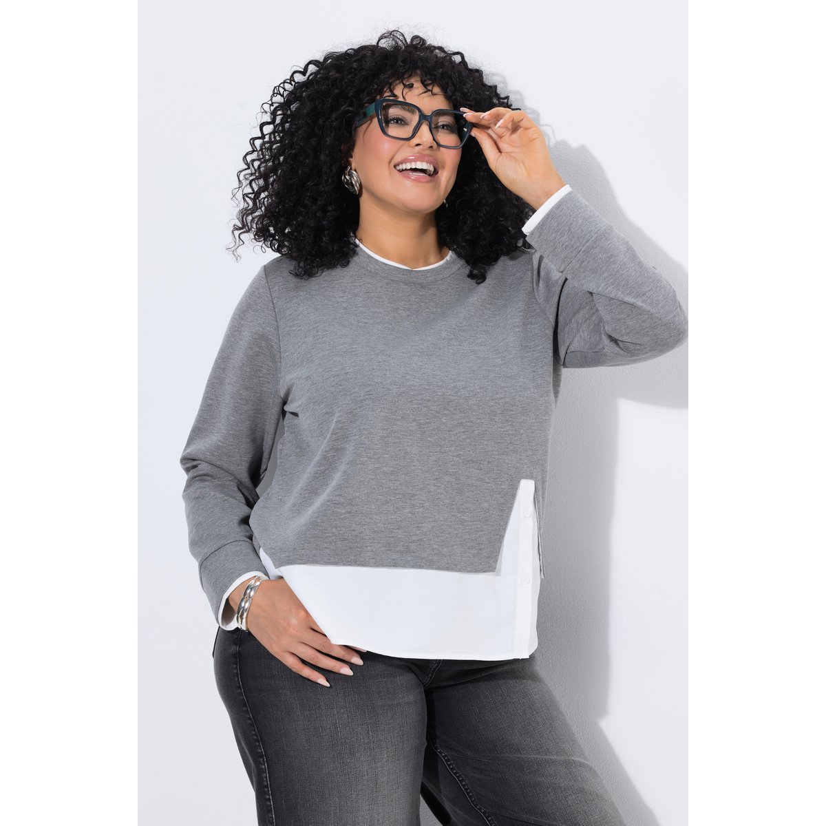 Sweat-shirt avec empiècement chemisier chiné gris moyen, ULLA POPKEN