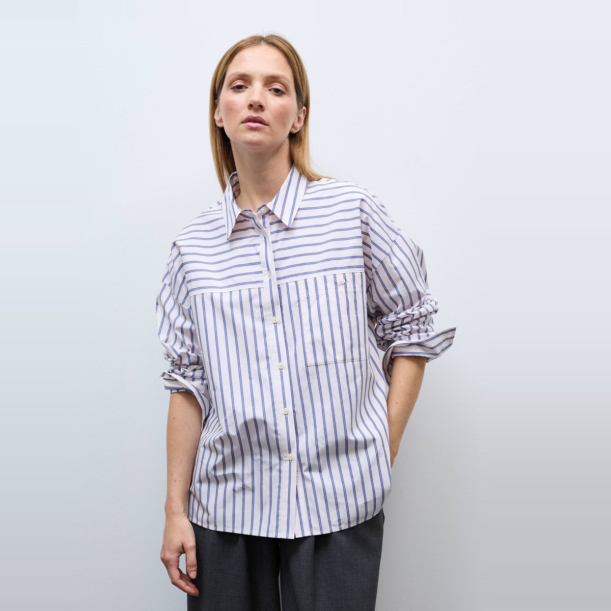 Chemise manches longues rayée en coton BIO GOTS blanc, MONOPRIX