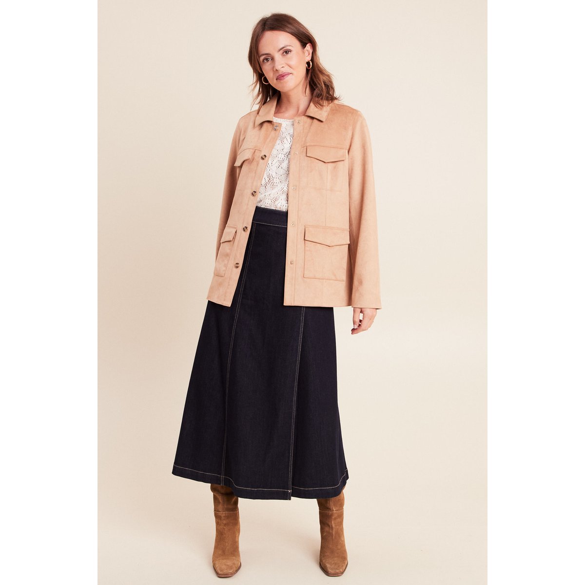 Veste droite longue aspect daim marron clair, BREAL