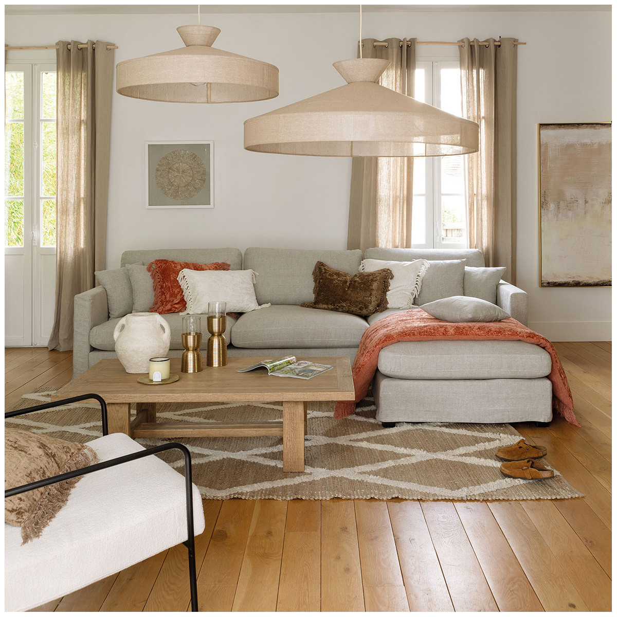 Futon PAULA en velours irisé orange brûlé, BLANC D’IVOIRE