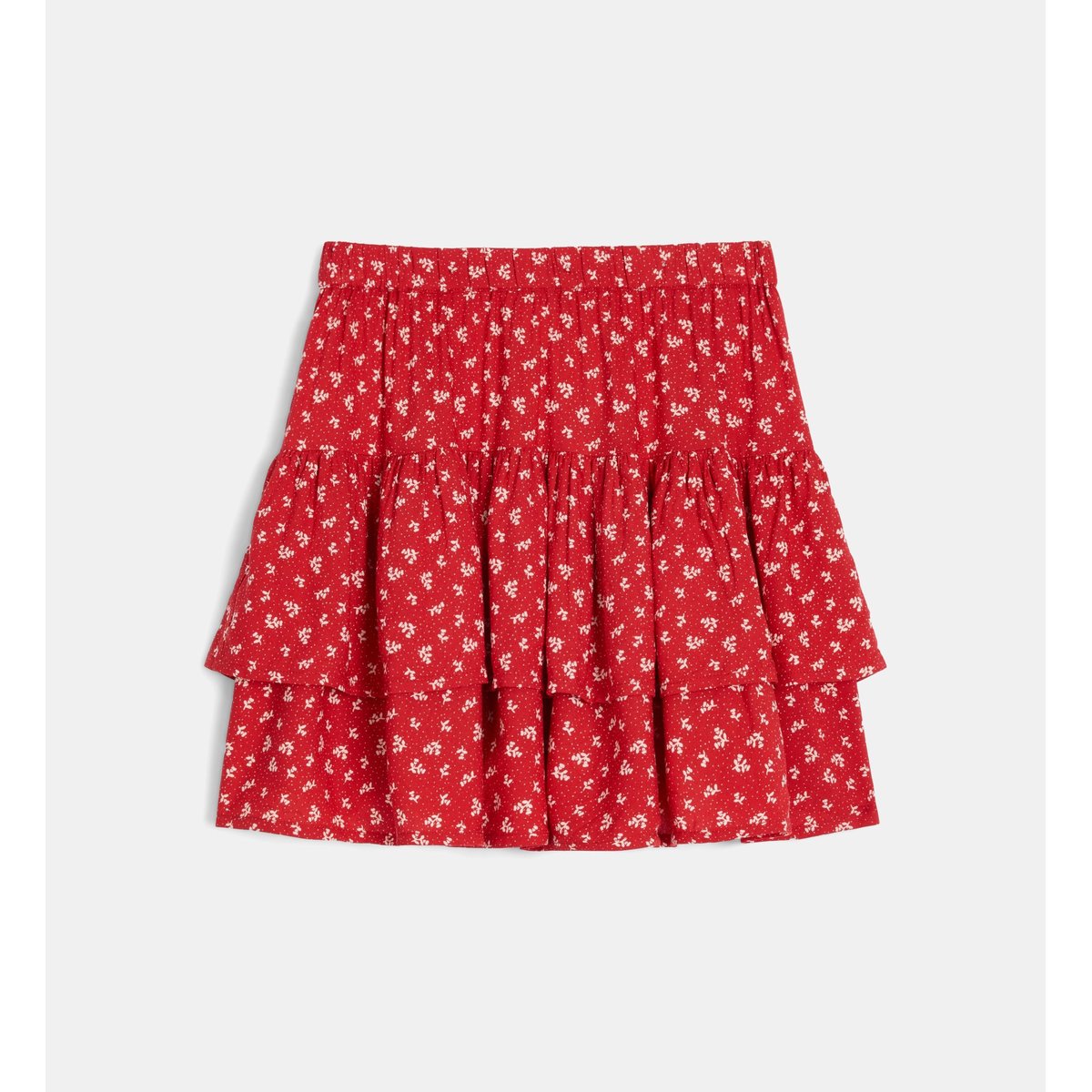 Jupe loleil à volants à motif fleuri rouge et écru, CADET ROUSSELLE