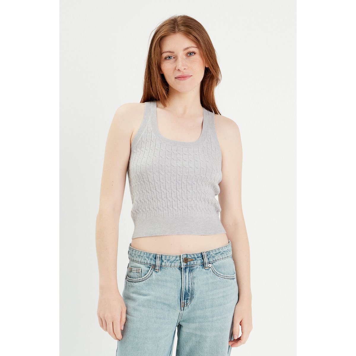 Débardeur tricot torsades gris clair, CACHE CACHE