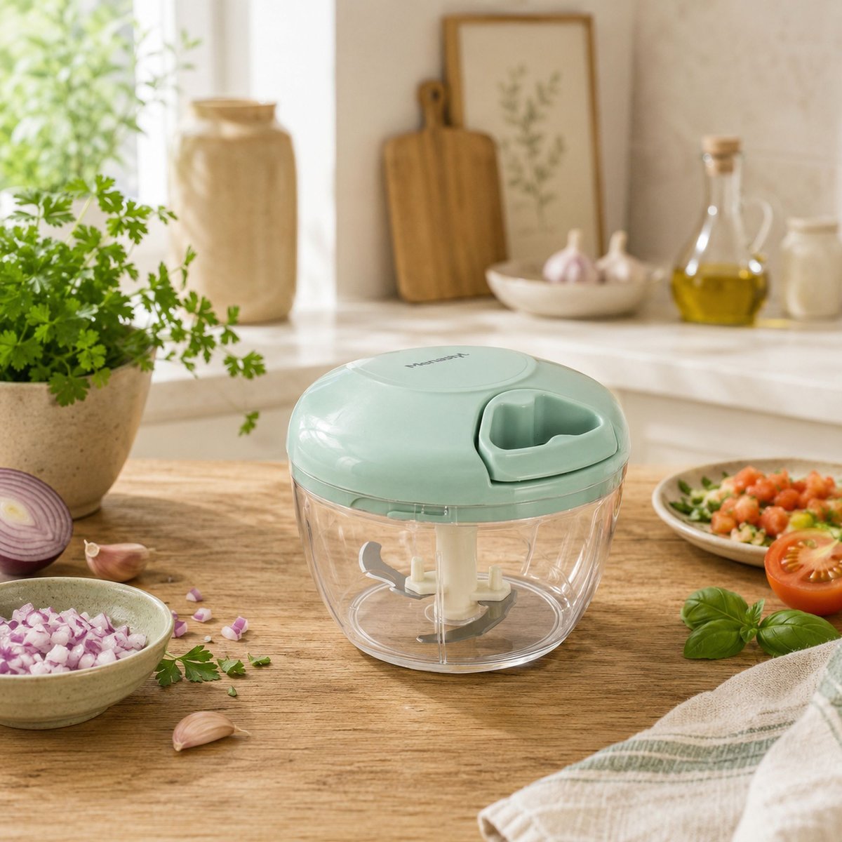 Mini hachoir rapide en polypropylène blanc-inox-transparent, MENASTYL