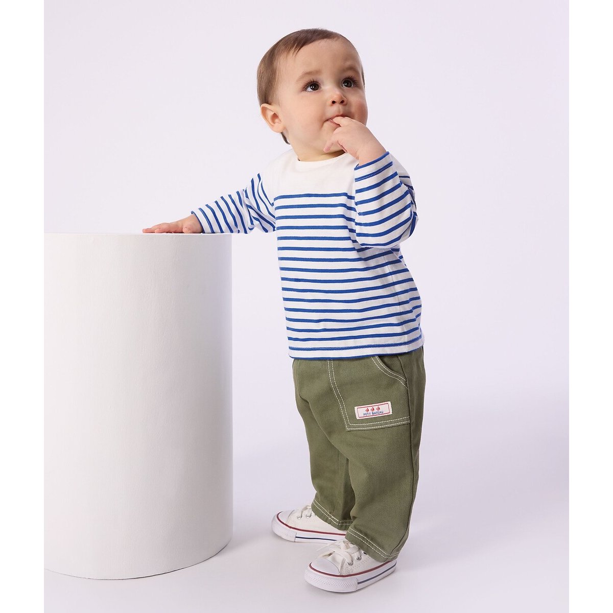 T-shirt marinière, en coton, manches longues rayé bleu, PETIT BATEAU