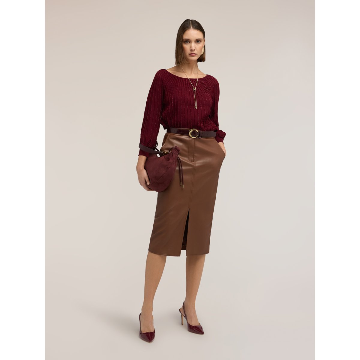 Pull à rayures fil textile et manches ballon burgundy, MOTIVI