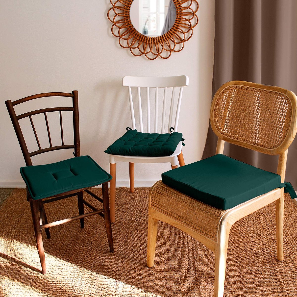 Galette de chaise plate en coton avec liens PANAMA vert foncé, TOILINUX