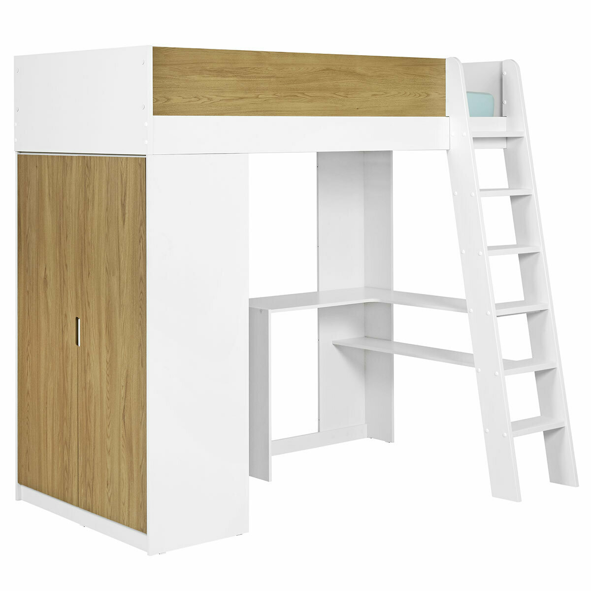 Pack lit mezzanine avec matelas MEMPHIS blanc et bois, AKITEN RETAIL